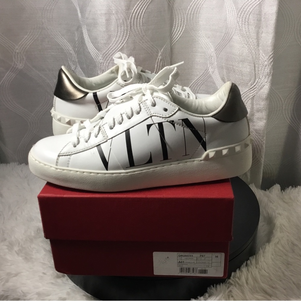 Valentino Garavani White Leather Sneakers with Gold Stamp - Picture 2 of 10